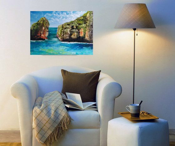 Rocks, original landscape seascape Bali oil painting, bedroom art