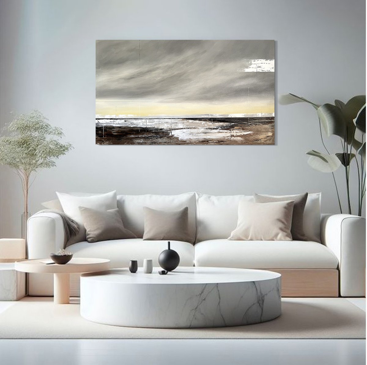 Organic Landscape Acrylic Painting By Tatiana Malinovscaia, 47 X 28", Distant Light, Original Artwork