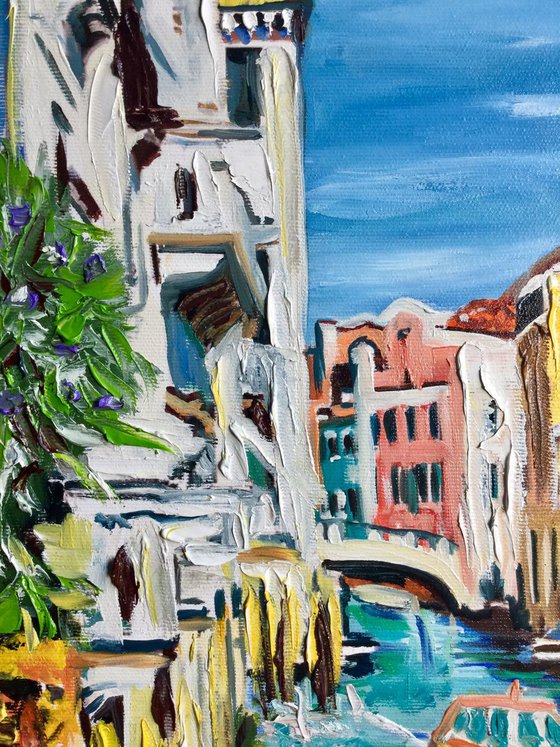VENICE. CANAL. BOATS. WATER REFLECTIONS. Modern oil painting .