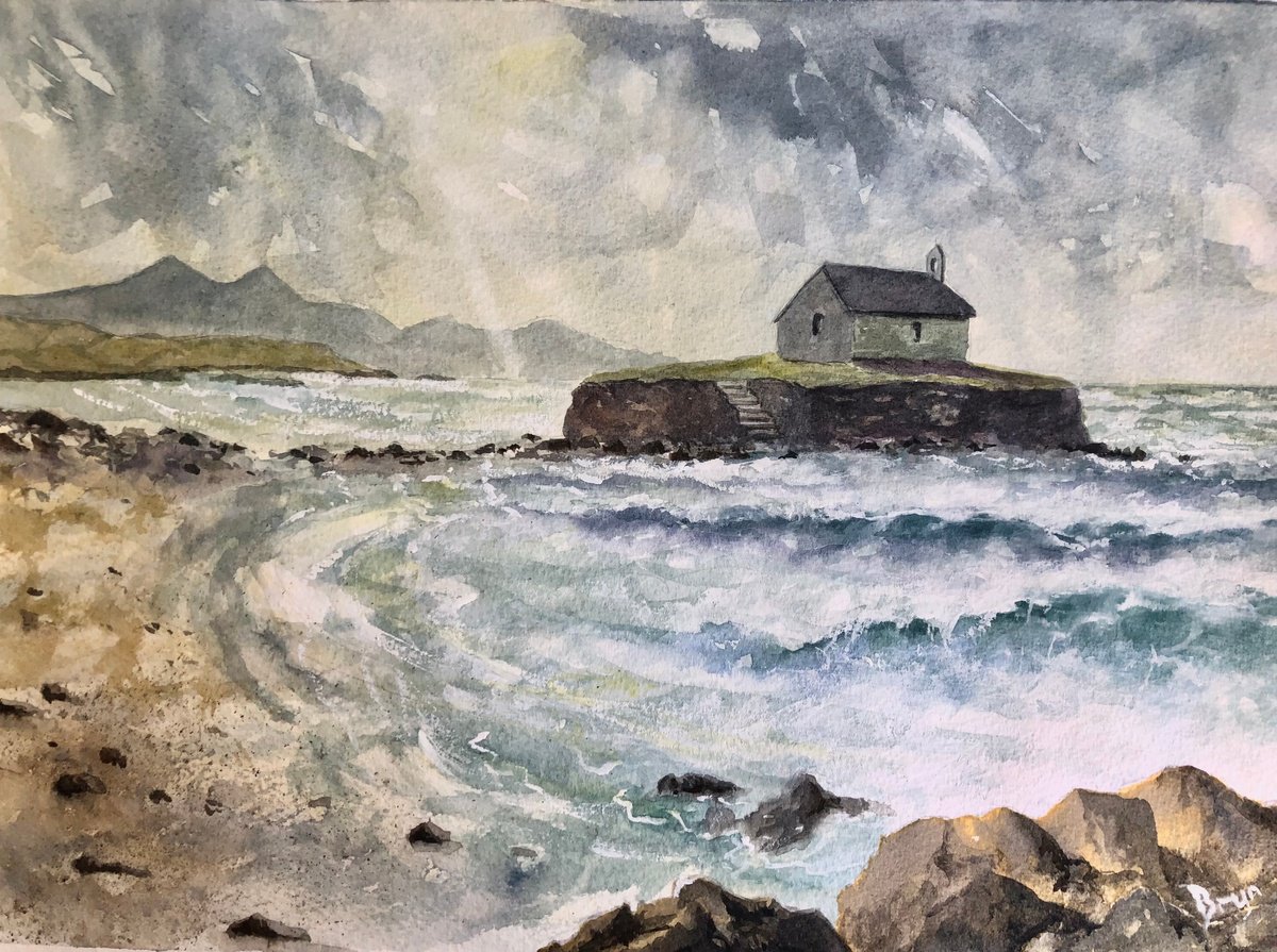 St Cwyfan’s Church, Early Morning Storm - Watercolour 2023 by Bryn Humphreys