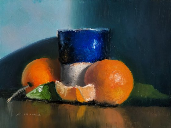 Clementines and a Blue Cup