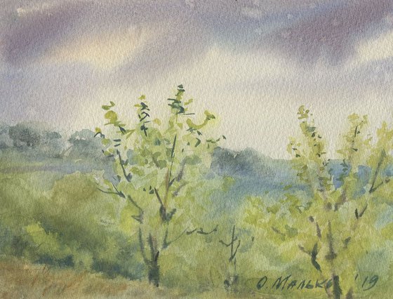 Spring rains #1 / Watercolor landscape Sky scenery