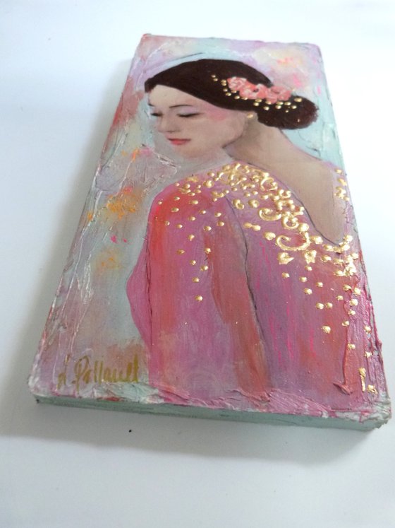 Pink fragrances 20 x 10 cm on wood.