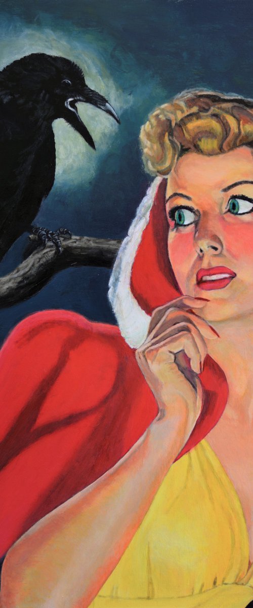 Original Surreal Pulp Red Riding Hood Painting on Canvas with Raven by Jane Ianniello Art