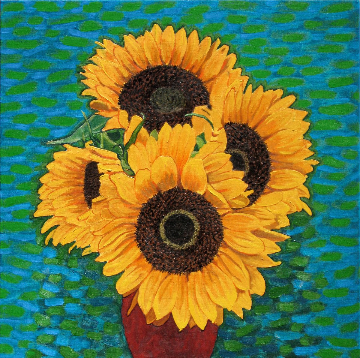 Botanical Oil Painting By Richard Gibson, 18 X 18", Sunflowers Against Green, Original Artwork