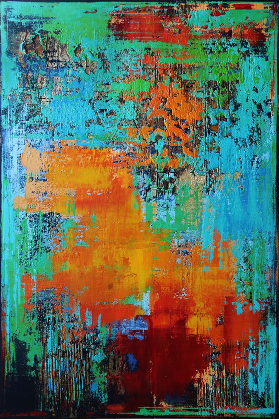 IBIZA - 120 x 80 CM - TEXTURED ACRYLIC PAINTING ON CANVAS * TURQUOISE GREEN RED