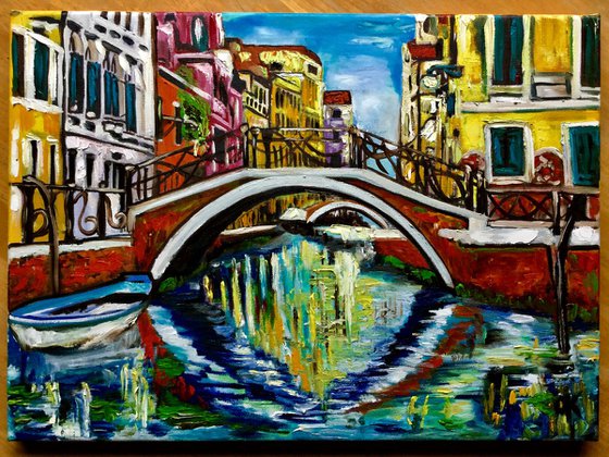 VENICE. Canal bridge. Oil original palette knife painting