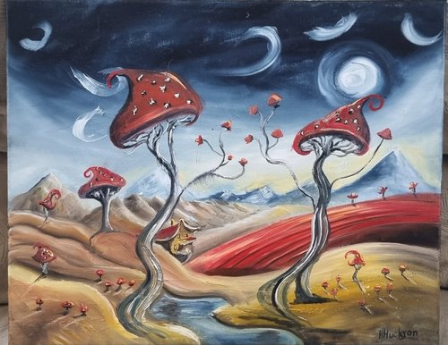Moonlight, mushrooms and mountains 20"×16" oil on canvas, red mushroom landscape by Hayley Huckson