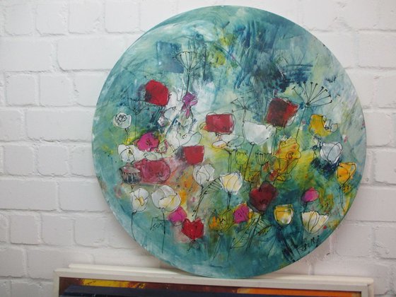 abstract spring flowers Oilpainting round canvas 31,5 inch