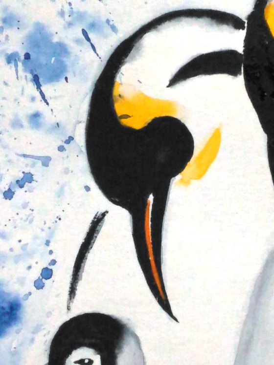 Penguin Painting Animal Original Art Wildlife Watercolor Artwork Baby Penguin Family Home Wall Art 8 by 12" by Halyna Kirichenko