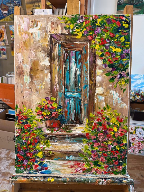 Old door with flowers