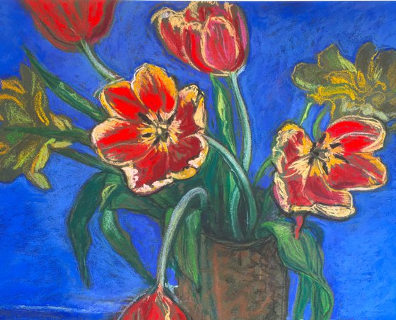 Red Tulips on a blue background