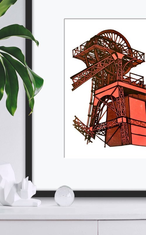 Lewis Merthyr Winding Gear portrait linocut by Ieuan Edwards