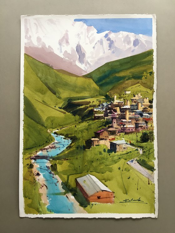 Original watercolor painting “Mountain freshness. Ushguli, Svaneti. Georgia”