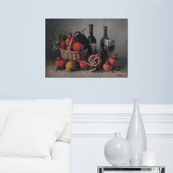 Still life fruits and wine (50x70cm, oil painting,  ready to hang)