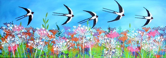Swooping Swallows, 100 x 35 cm, ready to hang