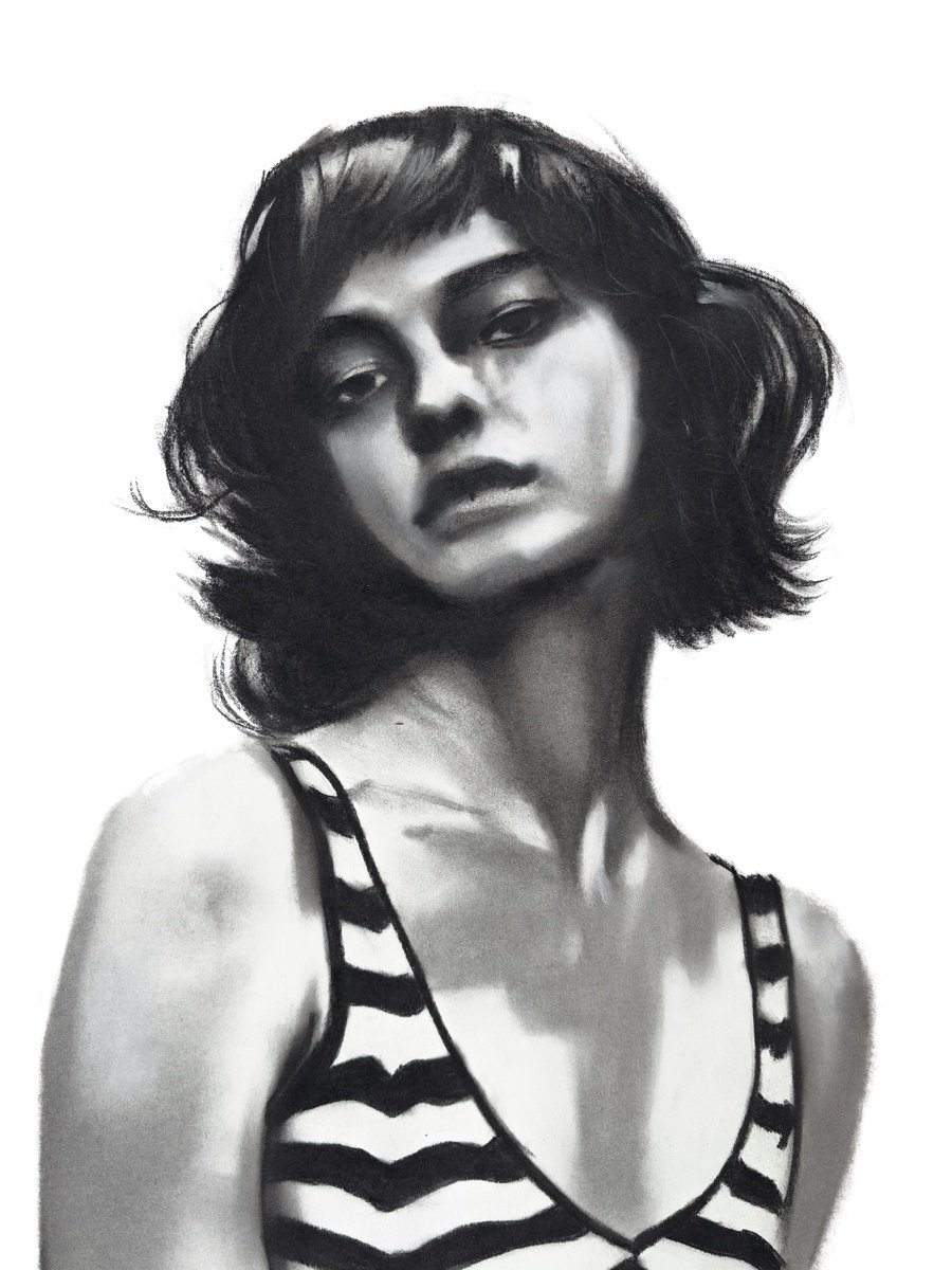 Photorealistic Portrait Charcoal Drawing By Denny Stoekenbroek, 12 X 17, Striped Serenity, Original Artwork