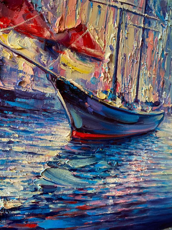 "Night harbor"Original Oil painting on canvas 70x50 cm