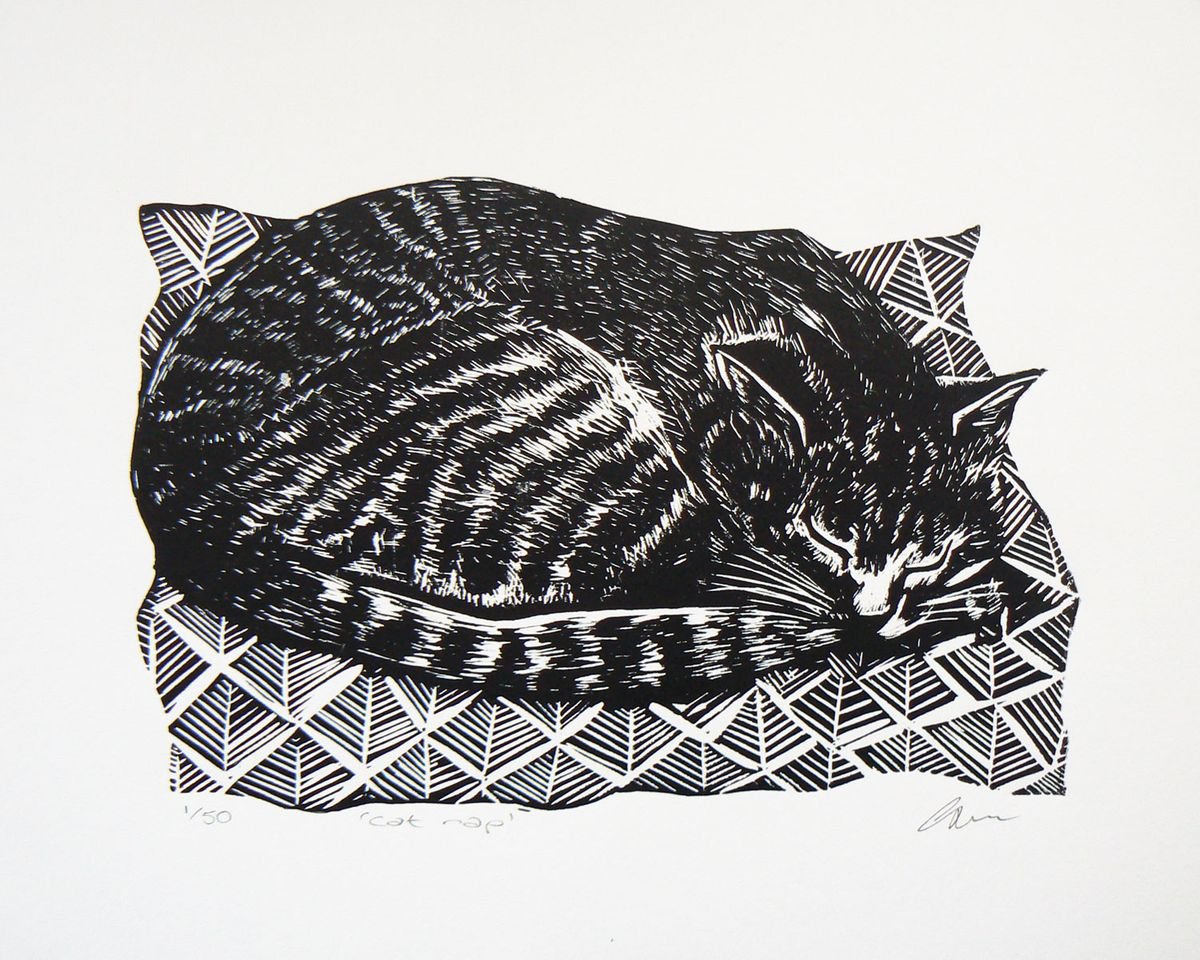 Black Cat - titled Curiosity - Linocut Print - Folksy