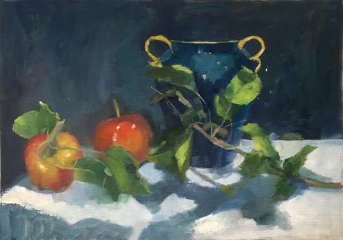 Little Red Apples and Blue Vase by Margie Haslewood