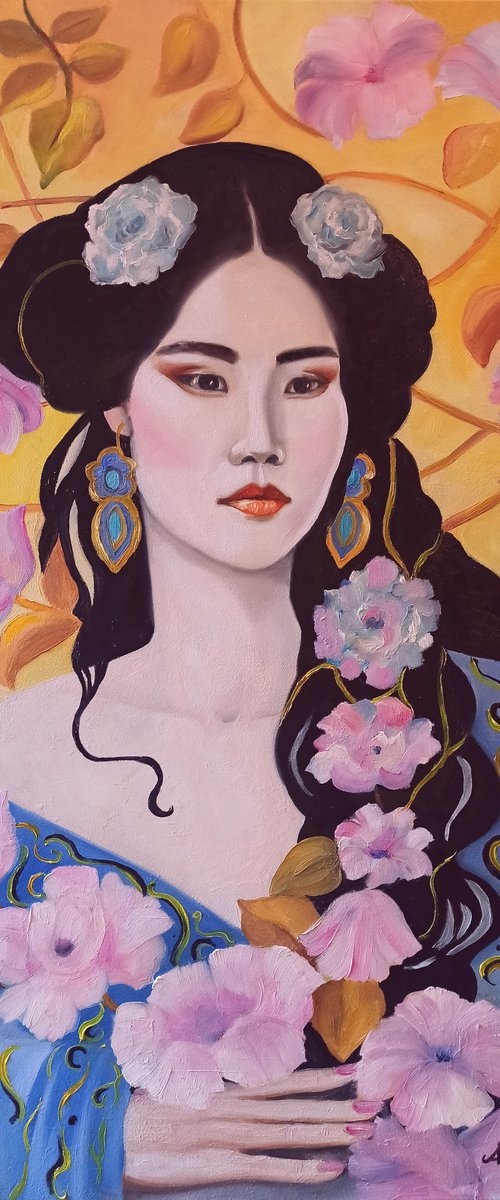 Geisha with pink flowers by Anna Rita Angiolelli