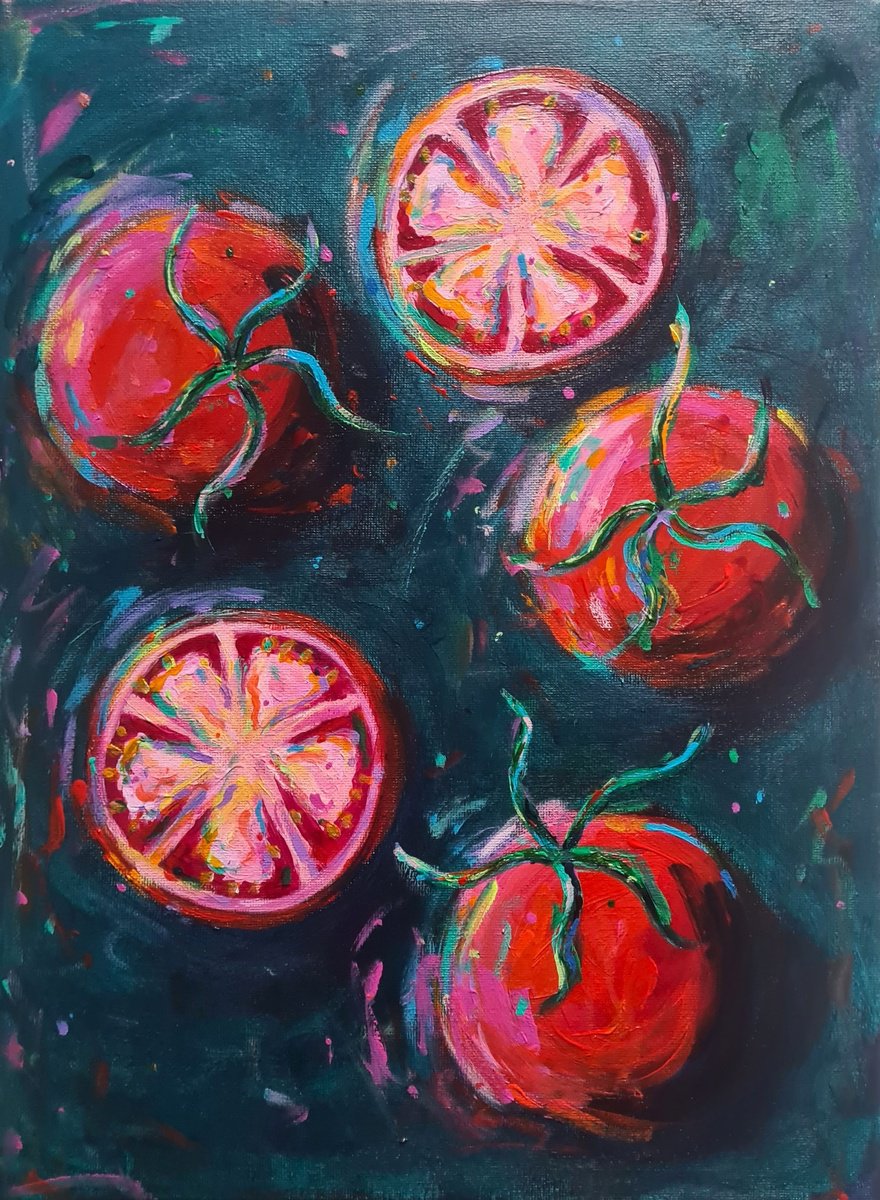 Impressionistic Still Life Acrylic Painting By Dawn Underwood, 12 X 16, Tomatoes, Original Artwork