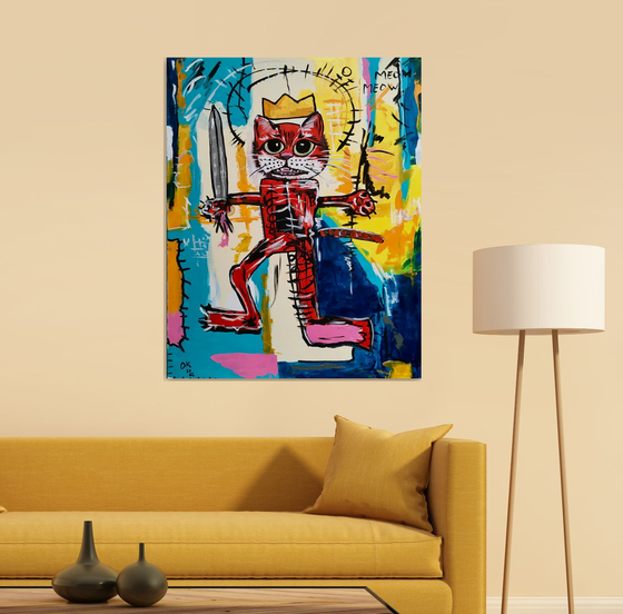 Red Cat Warrior  #3  (101 x 81 cm , 40 x  32inches ) version of painting  by Jean-Michel Basquiat  “Warrior “