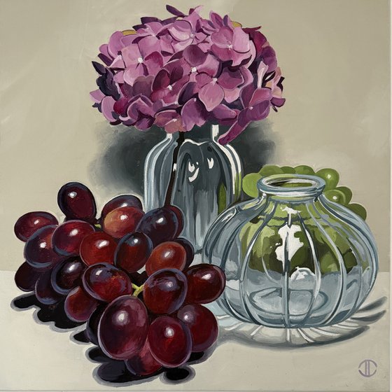 Glass Grapes And Hydrangeas