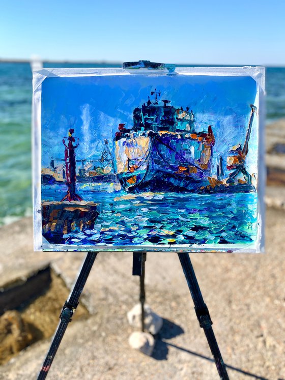 Ship in the Black Sea, 47*37cm, impressionistic oil impasto landscape painting