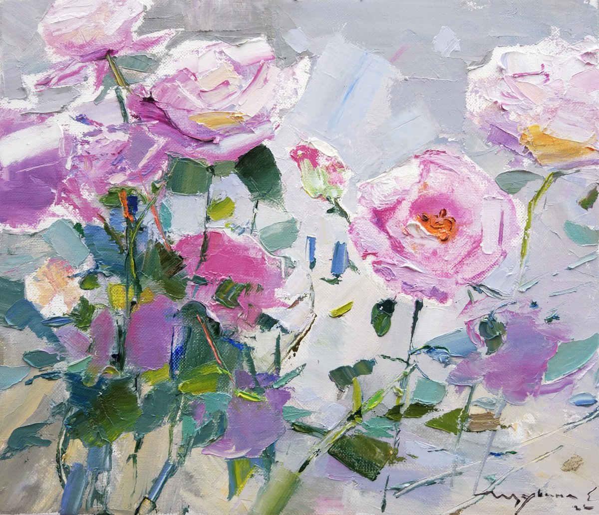Roses on tender grey. Original plein air oil painting by Helen Shukina