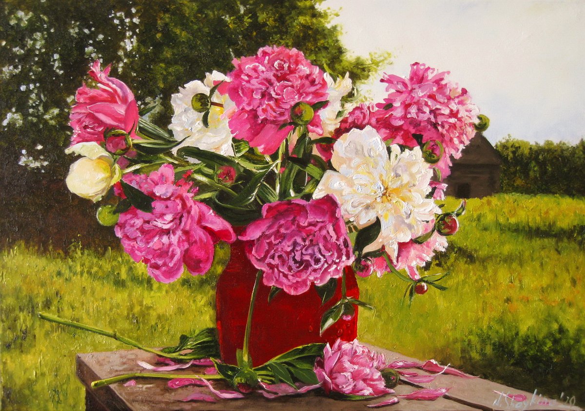 Impressionistic Botanical Oil Painting By Natalia Shaykina, 28 X 20", Peonies In Red Vase, Original Artwork