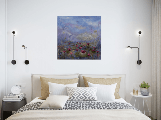 The sacred blooms 70 x70 cm. Impressionist landscape with water lilies