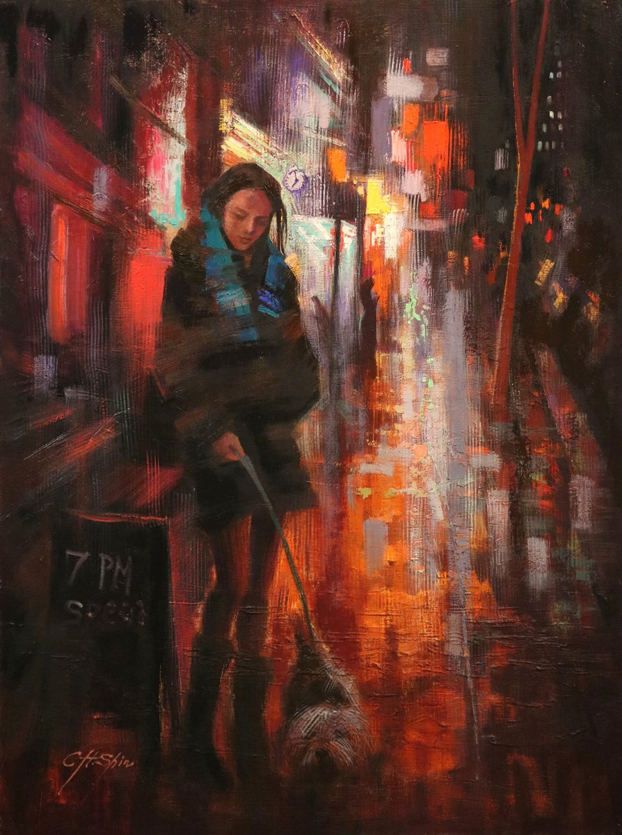 Expressive Cityscapes Oil Painting By Chin H Shin, 30 X 40, Evening Walk In Soho, Original Artwork