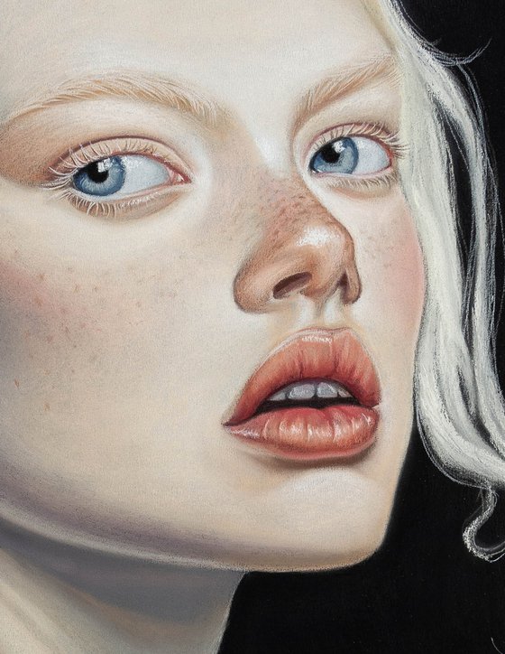 Albino girl in a laсe dress