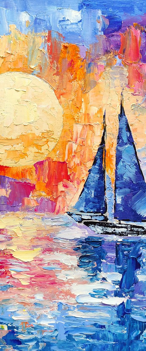Sailboat Painting Bright Sunset Art Seascape by Yulia Berseneva