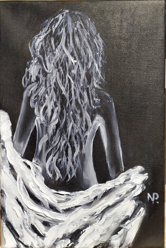 In shirt, original black and white nude erotic oil painting, Gift, art for home