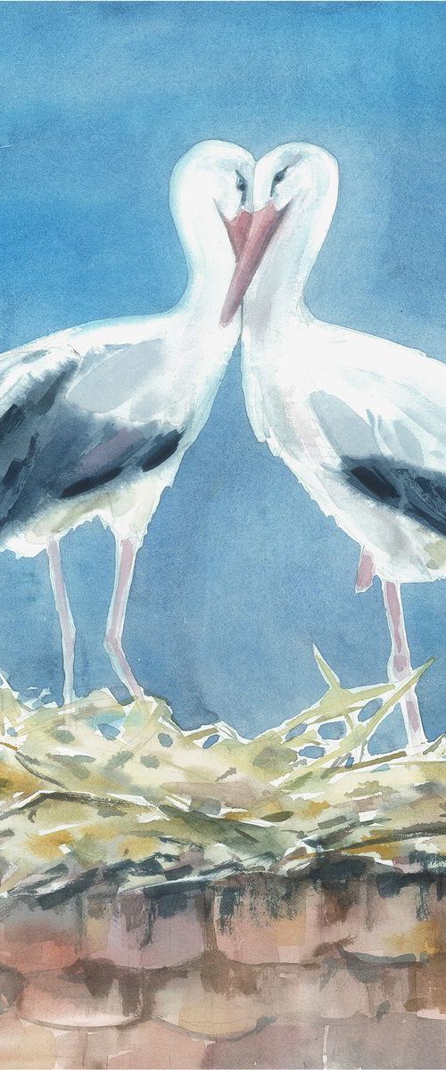 Watercolor painting Storks - Symbol of Love by Anna Shchapova