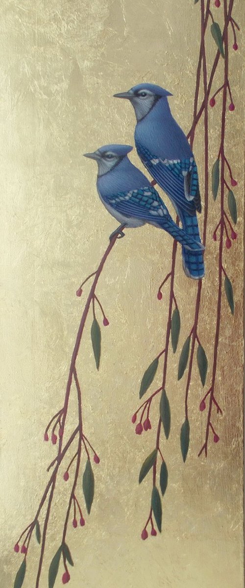 bird painting "Blue jays on the branches of a flowering tree" by Tatyana Mironova