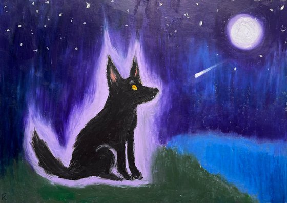 Black Dog Painting, Original Oil Pastel Drawing, Ghost Illustration, Halloween Wall Art