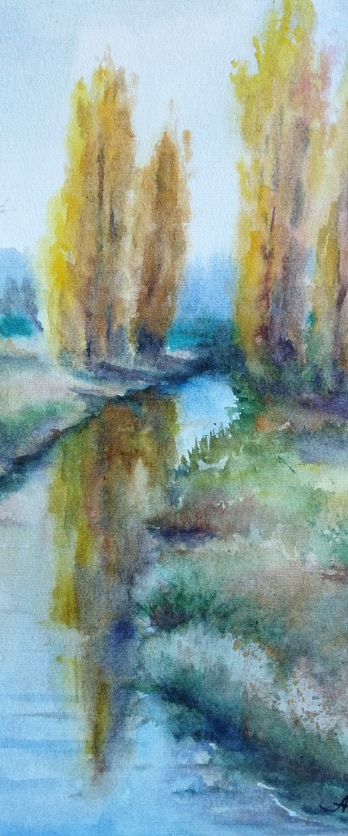 Autumn river landscape - Watercolor by Ann Krasikova