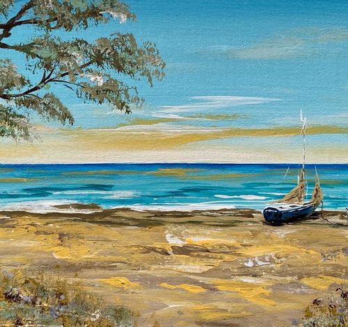 Beach Huts in a Cove by Marja Brown
