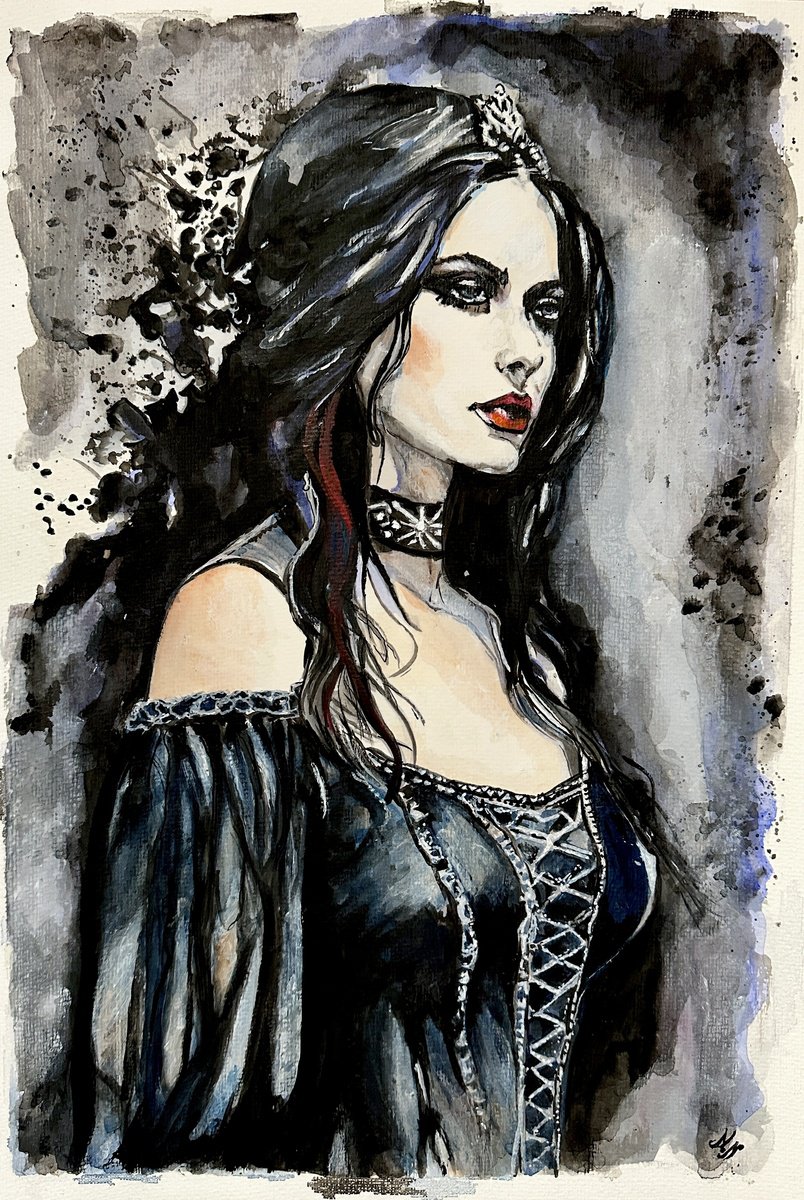 Expressive Portrait Watercolour By Misty Lady - M. Nierobisz, 13 X 19", Gothic Lady, Original Artwork