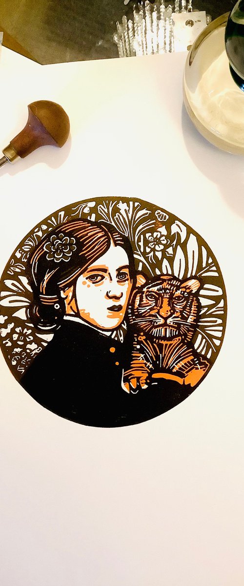 Tiger Girl linocut print by Ieuan Edwards