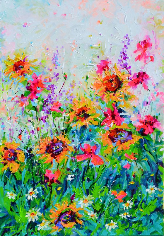 Vibrant Sunflowers and Poppies Landscape