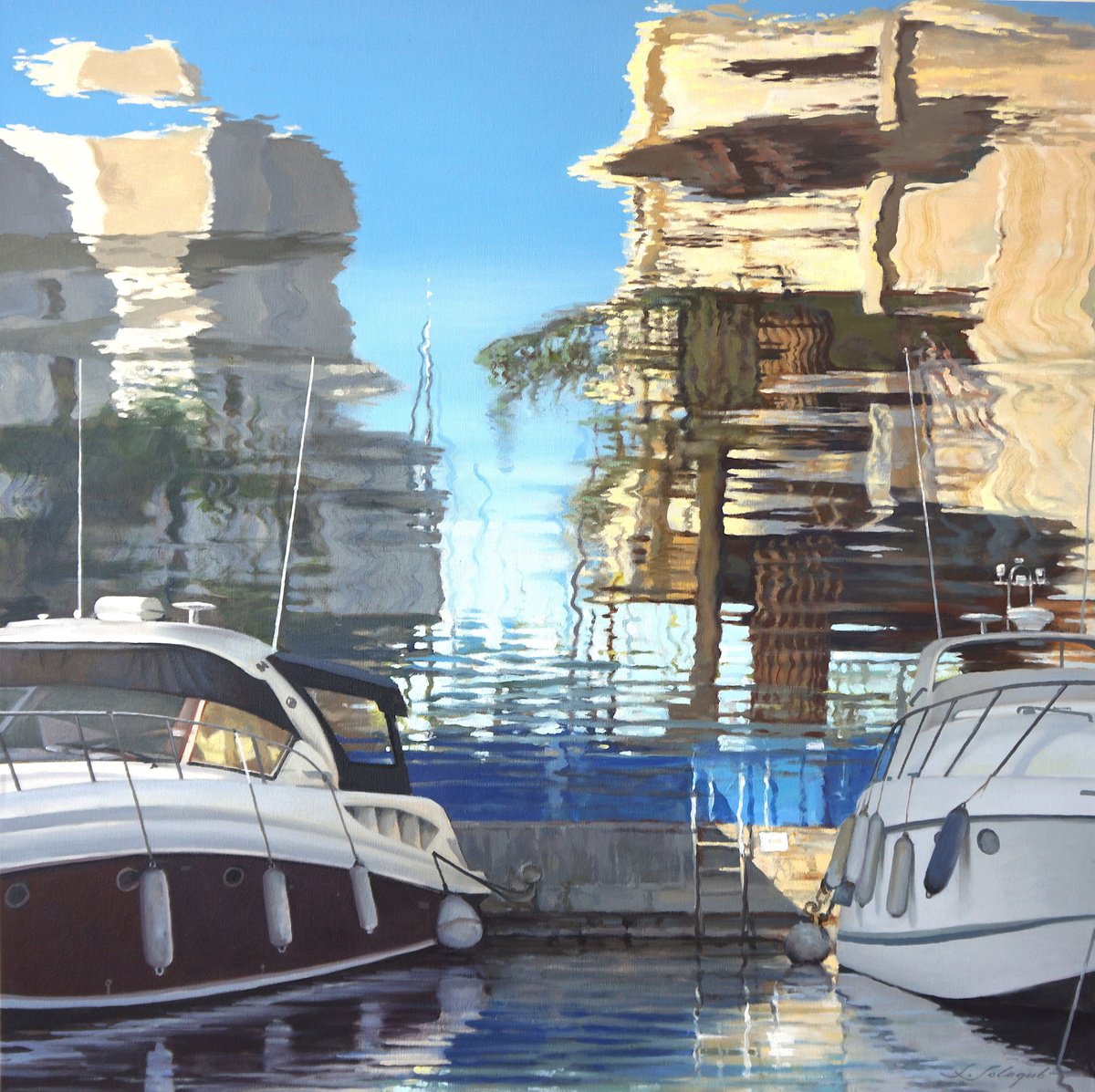 Surrealistic Cityscapes Oil Painting By Sergej Sologub, 39 X 39", Pier2, Original Artwork