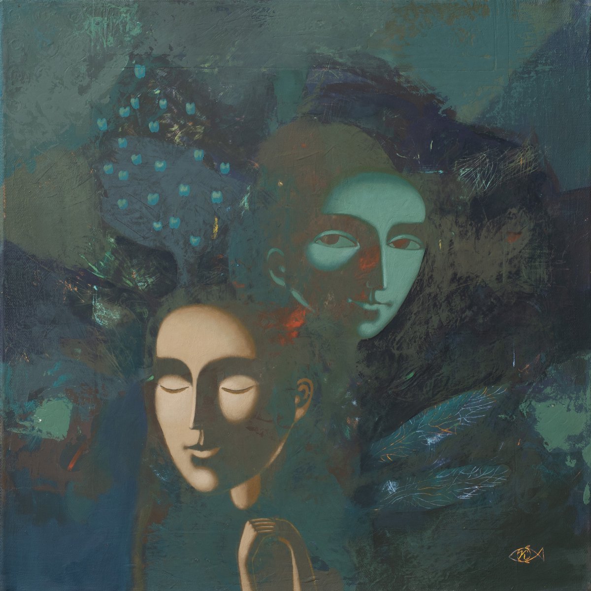 Surrealistic Portrait Acrylic Painting By Katsiaryna Ozdemir, 16 X 16", My Dark Side, Original Artwork