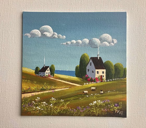 Rural landscape. Acrylic Painting. Original art. Naive painting 8x8