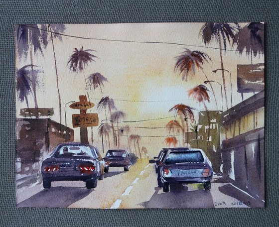 The road with cars in Los Angeles. Sunset. Original watercolor artwork.