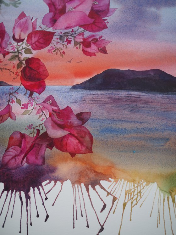 Mediterranean sunset with bougainvillea