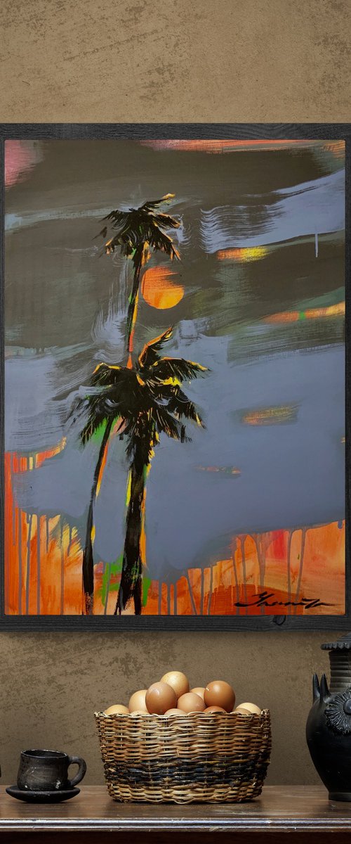 Expressionist painting - "Storm at sunset" - Pop Art - Palms and Sea - Night seascape - Sun - Orange Sunset by Yaroslav Yasenev